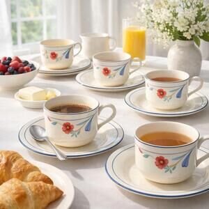 Lenox USA 1980s Poppies On Blue Chinastone Cups Saucers Set Of 12, 24 Pieces